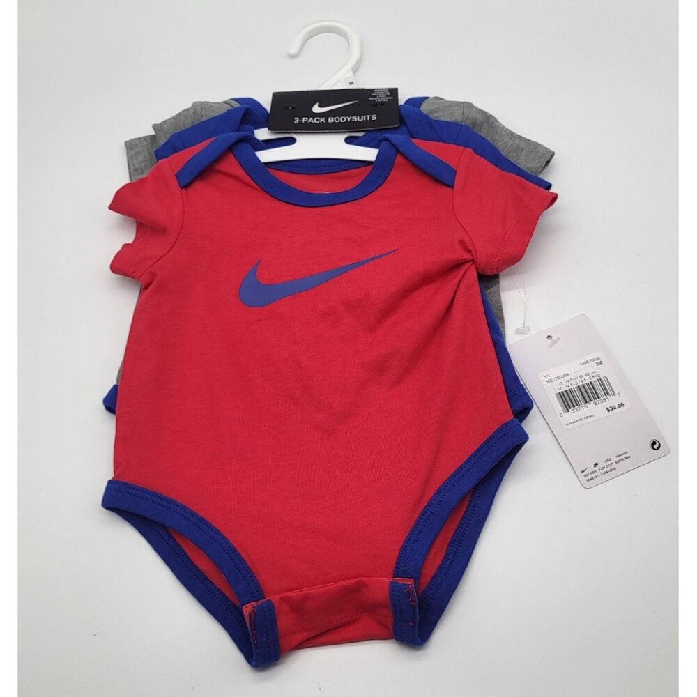 NIKE Baby Set of 3 One Piece Bodysuits Game Royal Red Blue Gray NWT - Picture 2 of 3